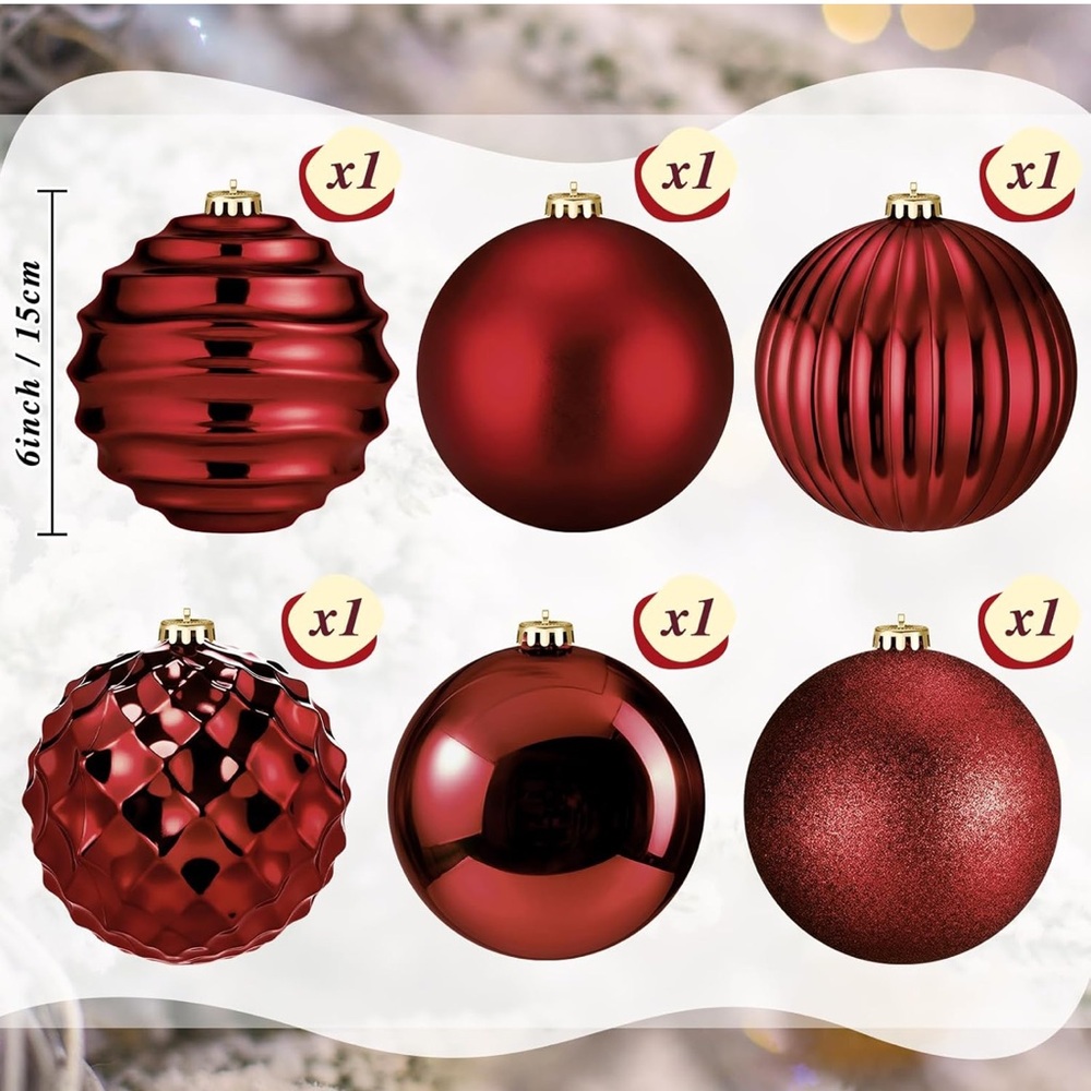 6 Pcs Extra Large 6 Inch Christmas Balls Ornaments Shatterproof Lightweight - Picture 3 of 7